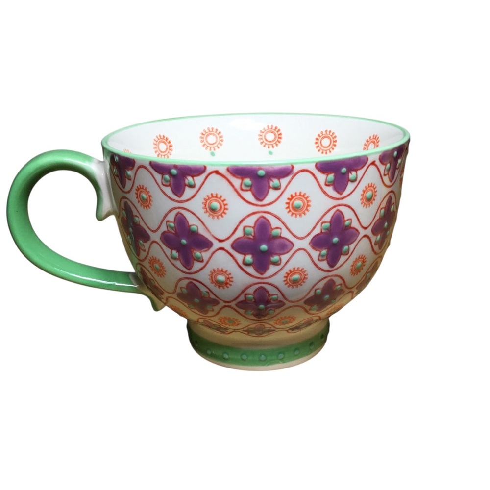 Pier 1 Multicolor Patterned Ceramic Teacup with Green Handle